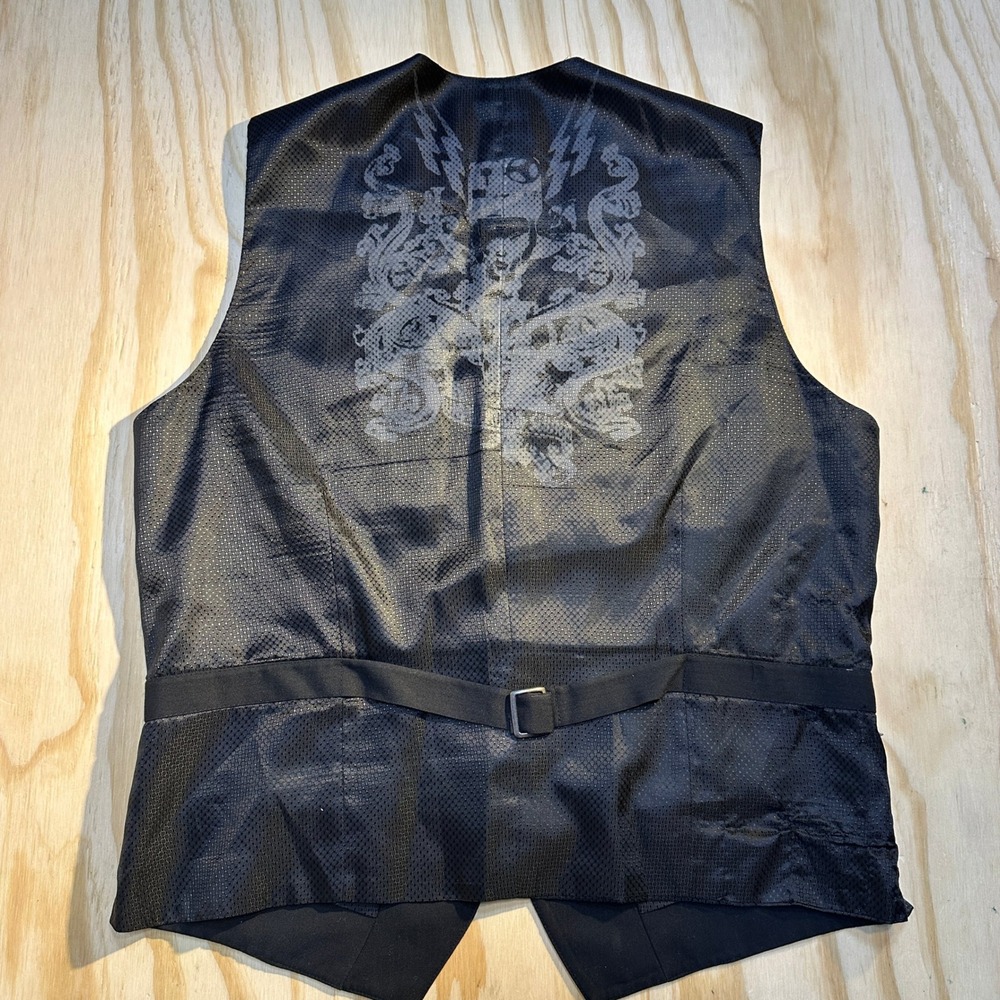 Y2K Mens Black Graphic Back Suit Vest XL Formal Waistcoat Cinch Back
